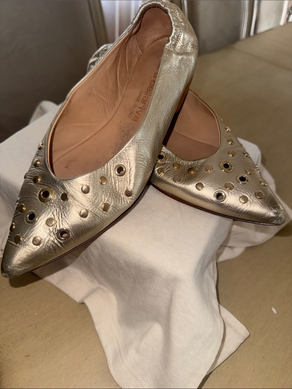 Metallic Gold Pointed Toe Studded Ballet Flats